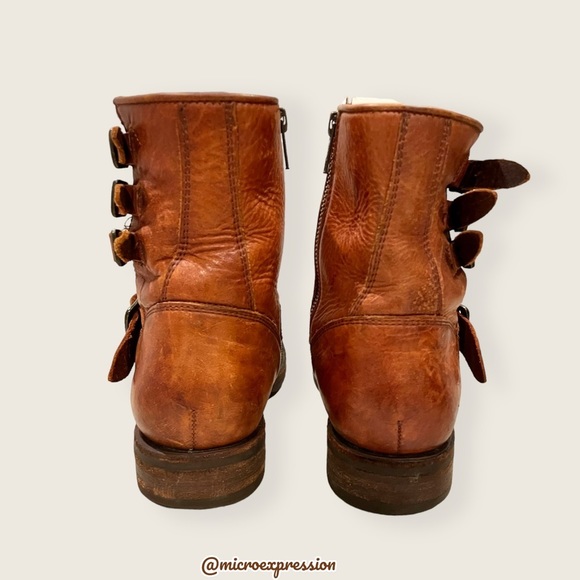 $389 Veronica Short Belted Cognac Leather Fringe Moto Vintage Combat Ankle Boot - Picture 8 of 15